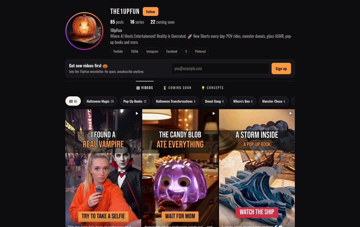The 1UpFun site showing 85 AI-generated videos across 16 series