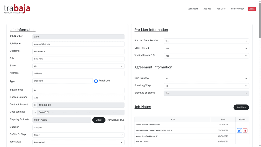 Job detail top: Job Information, Pre-Lien Info, Agreement Info, Job Notes audit log