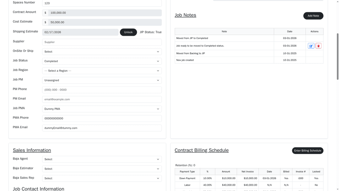 Contract Billing Schedule with Payment Type, %, Amount, Net Invoice, Date, Billed, Invoice #, Locked columns