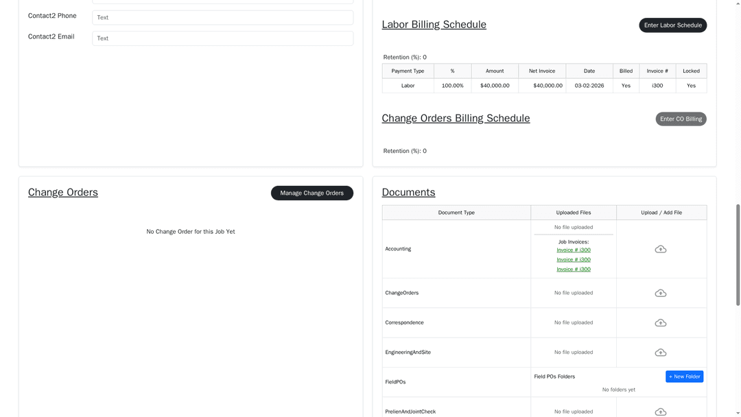 Labor Billing Schedule with a $40,000 Labor tranche billed on Invoice #i300, plus the Change Orders Billing Schedule and the per-job Documents section with routing buckets for Accounting, ChangeOrders, Correspondence, EngineeringAndSite, FieldPOs, PrelienAndJointCheck