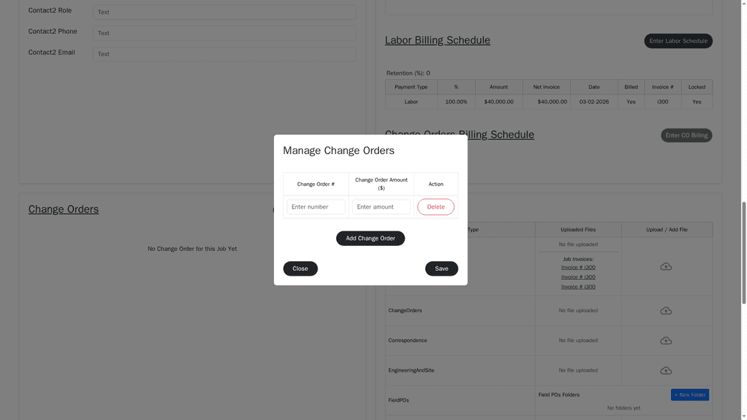 Manage Change Orders modal with a table of Change Order # and Amount, add and delete row controls, save button