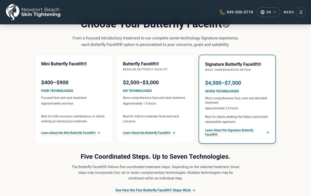 The pricing packages section