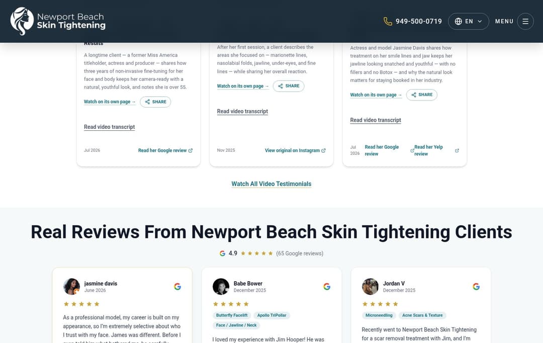 Video testimonials cross-linked to Google, Yelp and Instagram