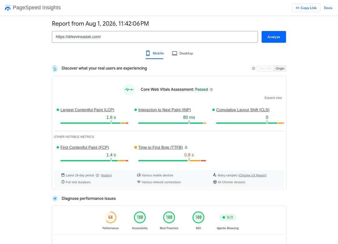 PageSpeed Insights mobile — Dr. Kevin Sadati