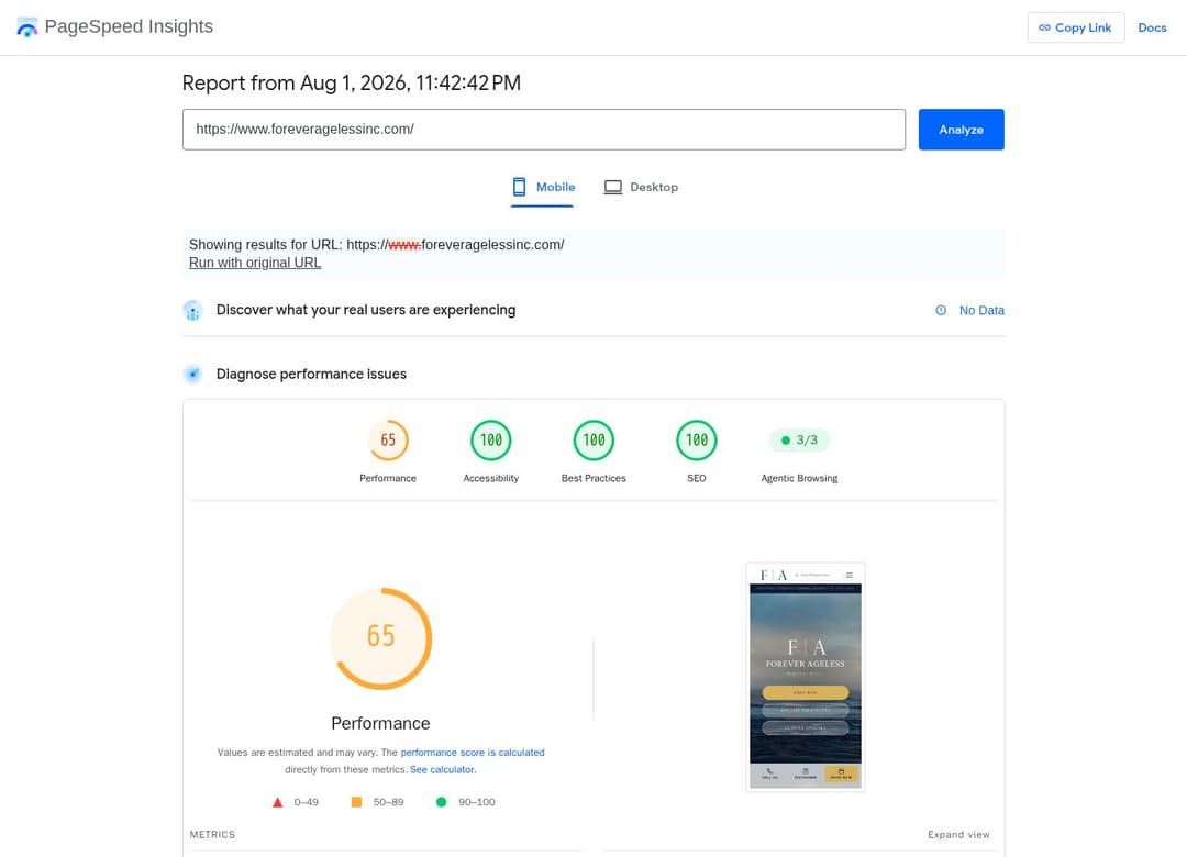 PageSpeed Insights mobile — Forever Ageless